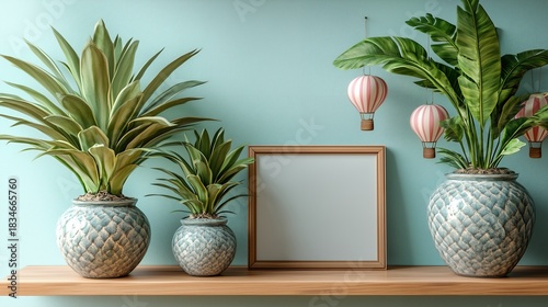 Fototapeta Naklejka Na Ścianę i Meble -  3D rendered children's room scene, light wood A4 frame on wooden shelf with hot air balloon ornaments, natural lighting and soft shadows