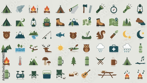 Collection of Camping and Outdoor Adventure Icons for Nature Enthusiasts.