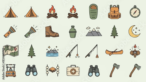 Collection of Outdoor Camping and Hiking Adventure Icons.