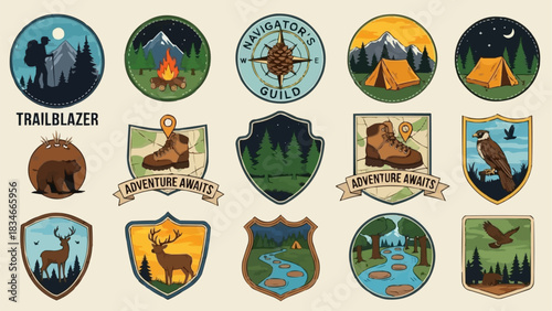 Collection of Outdoor Adventure and Nature-Themed Badges and Emblems.