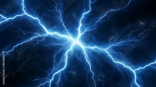 Vibrant blue electrical lightning discharge illuminating a dark background with radiating energy branches.