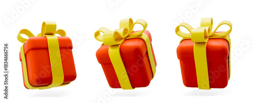 3D Vector illustration gift box. Christmas, new year, sale, shopping. Present box with bows ribbons. Giftbox for valentine, birthday, holiday. 