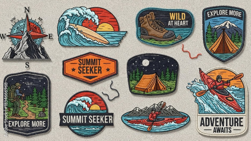 Collection of adventure and outdoor themed vintage patches and badges.