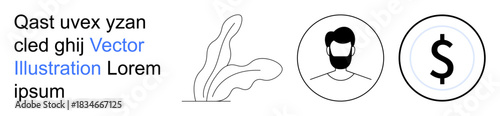 Finance, identity, economy, savings, nature, profiles. Outline of a plant, a person icon with a beard and a dollar sign. Finance and identity concepts with minimal design