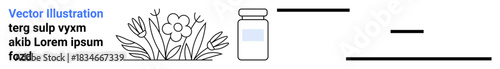 Herbal medicine, pharmaceutical products, natural remedies, wellness, holistic healing, health promotion. A flower and leaves next to a medicine bottle with horizontal lines. Herbal medicine