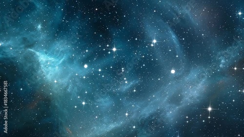 Traveling Through a Vibrant Blue Nebula and Twinkling Starfield in Deep Space