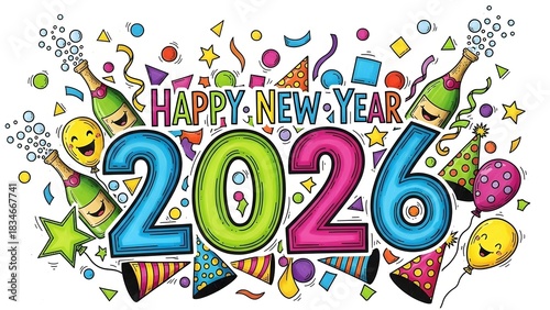 Vibrant and festive 'Happy New Year 2026' greeting with cartoon champagne bottles, confetti, and party decorations.