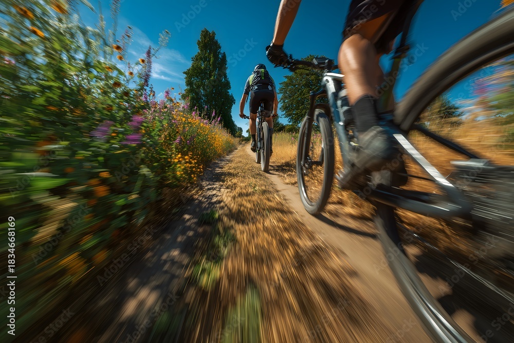 Naklejka premium Two cyclists ride mountain bikes on a dirt trail through a sunny field.
