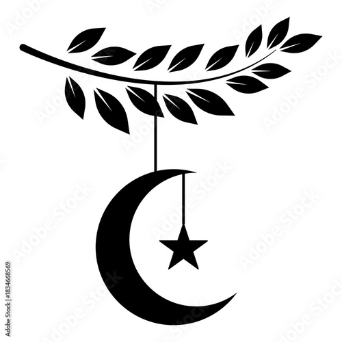 A creative artistic illustration of crescent moon, and a star with leaf branch. This illustration symbolizes peace and spirituality