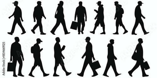 business people walking Silhouettes, men and women full length front, side, back view. Vector art of a collection of walking man silhouettes in various poses and with different accessories

