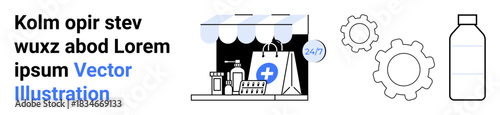 Online shopping, healthcare, pharmacy delivery, medical supplies, e-commerce, convenience. are a storefront with a 247 sign and medical items. Online shopping and healthcare concept