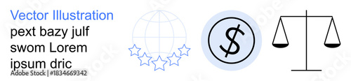 Globalization, economic balance, legal systems, currency exchange, finance, compliance. Globe, star icons dollar sign in a circle scale justice. Economic balance and legal systems concept