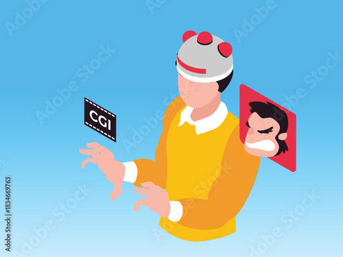 Motion Capture Artist in CGI Film Production Process 3d isometric vector illustration