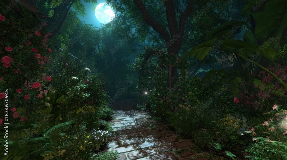 Fototapeta premium Enchanted Forest Pathway Under Moonlight Surrounded by Lush Greenery and Colorful Flowers at Nighttime