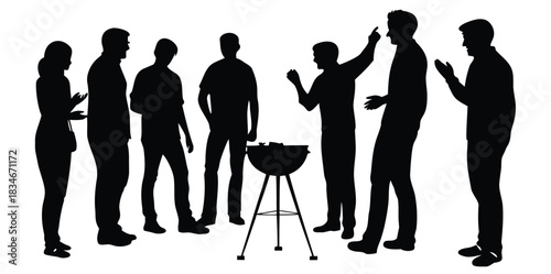 A man grilling meat standing on the side of the road vector.Backyard barbecue party with friends enjoying summer grilling and good company in silhouette for lifestyle brand
