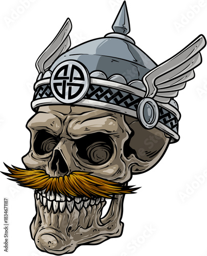 Nordic Valhalla Skull with Detailed Winged Helmet and Moustache Vector