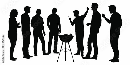 A man grilling meat standing on the side of the road vector.Backyard barbecue party with friends enjoying summer grilling and good company in silhouette for lifestyle brand
