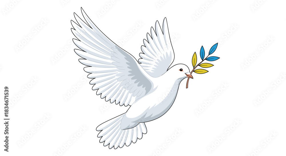 Fototapeta premium A beautiful white dove flies gracefully in the sky carrying a green olive branch with yellow leaves.
