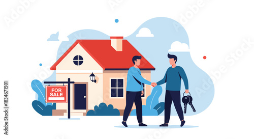 Real estate agents shaking hands in front of a house with a for sale sign and keys on the right. Conceptual illustration for home buying or selling.