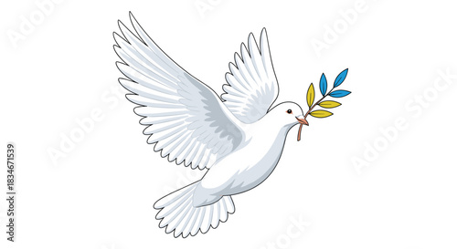 A beautiful white dove flies gracefully in the sky carrying a green olive branch with yellow leaves.