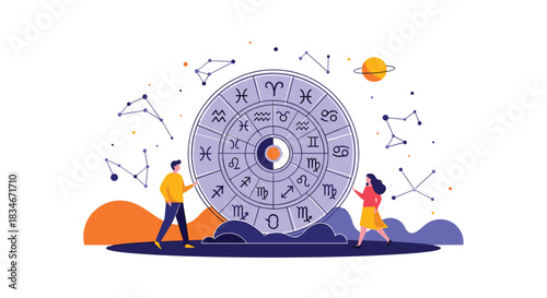 A celestial wheel displays zodiac symbols with two people observing the constellations and sun above.