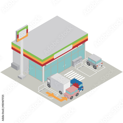 アイソメトリックなコンビニエンスストアの駐車場でよくある車同士の事故のイメージ素材