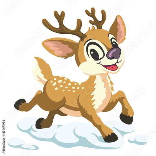 Adorable cartoon reindeer prancing playfully in the snow, capturing the joy and magic of winter, perfect for holiday designs