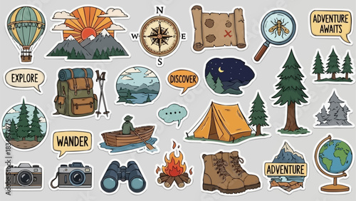 Collection of camping and adventure themed stickers and illustrations.