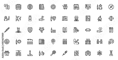 Vaccine Development icon set. Medical vector illustrtion. Featuring syringe, vrus, molecule, doctor, shild, laboratory, healthcareand more.