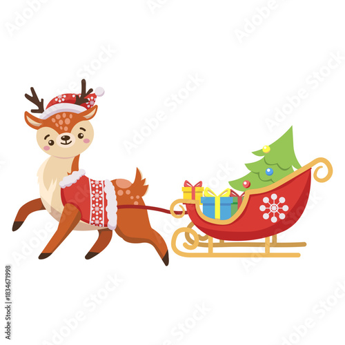 Festive reindeer pulling a sleigh filled with gifts and a Christmas tree, spreading holiday cheer and winter joy for seasonal projects