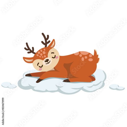 Adorable fawn sleeping peacefully on a fluffy cloud, dreaming sweet dreams in a whimsical woodland scene, evoking warmth and tenderness