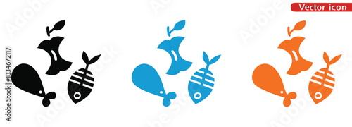 Discarded food waste icons showing apple core, fish bone, and chicken leg,Food waste vector icon illustration.
