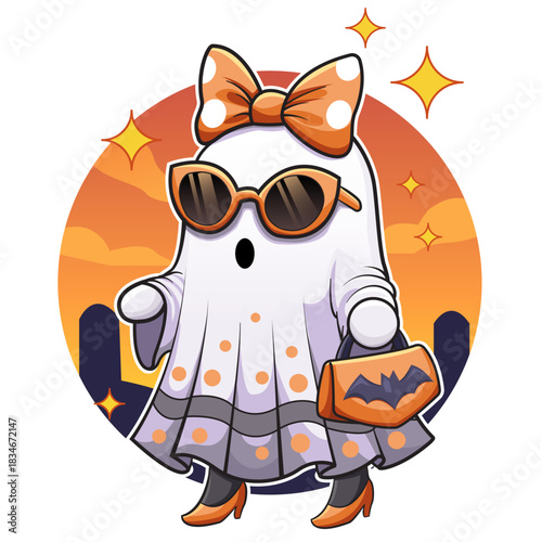 Whimsical Halloween ghost fashionista, a trendy spooky icon with playful charm and a touch of cute elegance for festive designs