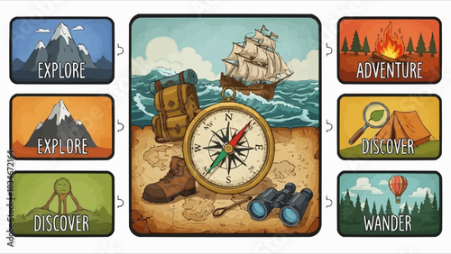 Vintage Travel and Adventure Compass with Exploration Gear.