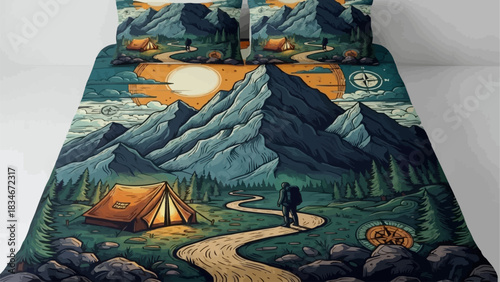 Mountain adventure themed bedding set with hiker and tent illustration.