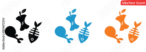 Discarded food waste icons showing apple core, fish bone, and chicken leg,Food waste vector icon illustration.

