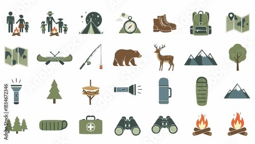 Camping and Outdoor Adventure Icons - A Comprehensive Vector Set.