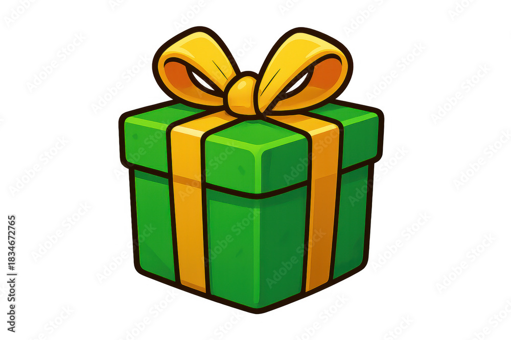 Fototapeta premium Green gift box presenting a vibrant yellow ribbon and decorative bow. Concept of giving, presents, holidays, and celebration