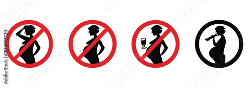Crucial health warnings for pregnant women featuring prohibition signs for unhealthy activities like drinking alcohol and general health advice
