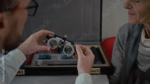 Close up shot of white haired senior woman talking to ophthalmologist during exe exam in clinic and looking at trial frames asking questions