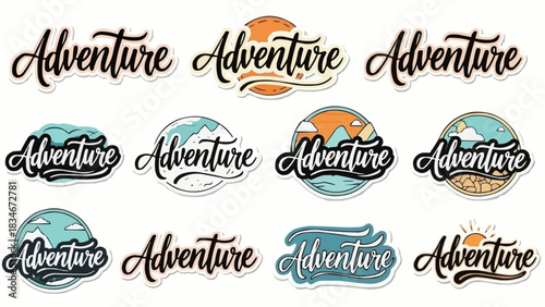 Adventure lettering set with various designs and styles for outdoor activities and travel.