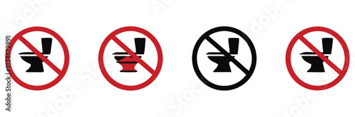 Clear prohibition signs featuring a toilet silhouette in red and black circles, universally signifying 'no toilet' or 'out of order' notifications for essential public guidance.
