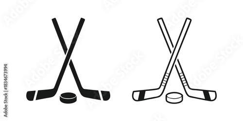 Hockey Stick Flat Icon On White Background.hockey sticks and puck vector icon set in black color.Vector art of a collection of hockey stick and puck icons isolated on white background
