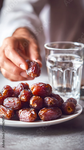 The hand of an Asian Muslim man taking a brown date on a white plate with water in a glass beside it, as takjil or a light snack to break the fast during the month of Ramadan.