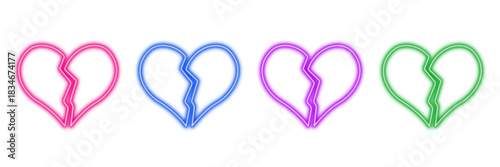 Neon glowing broken heart vector icons set, heartbreak, divorce, relationship, glowing vibrant digital line art on transparent background.
