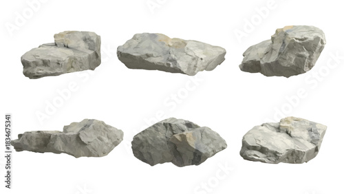 Vector of collection of six realistic gray stone rock object cutouts isolated on transparent background