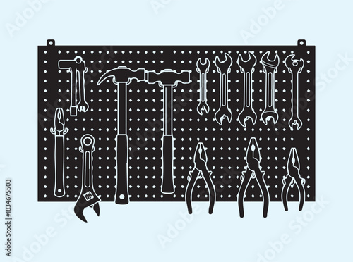 Black silhouette of a workshop tool board with visible hanging tools in clean vector style
