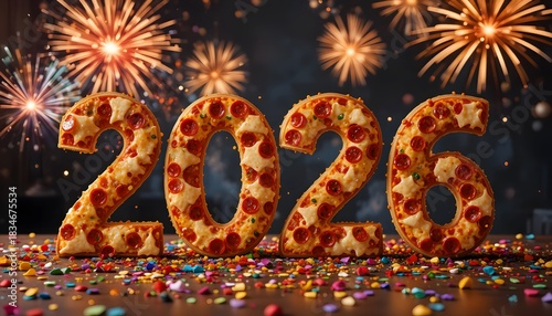 Pizza Slices Shaped as 2026 for New Year. new years pizza 2026