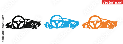 Colorful car icons with steering wheels for automotive design
