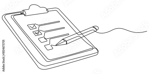 Modern clipboard with checklist, Medical Clipboard. Medical report with stethoscope and pen. Stethoscope with clipboard continuous one line drawing